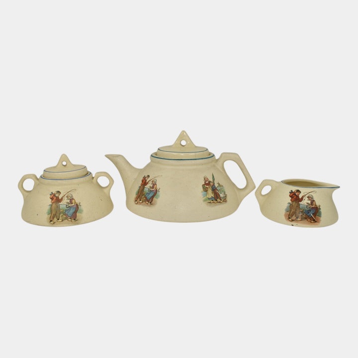 Roseville Dutch Creamware 1900s Art Pottery Teapot, Sugar Bowl, Creamer Tea Set - Just Art Pottery