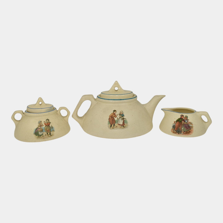 Roseville Dutch Creamware 1900s Art Pottery Teapot, Sugar Bowl, Creamer Tea Set - Just Art Pottery