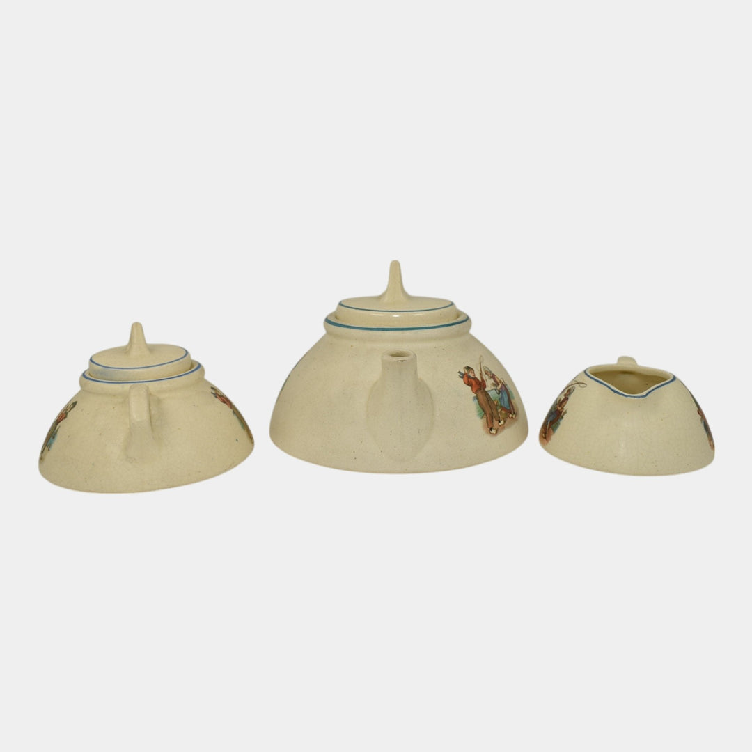 Roseville Dutch Creamware 1900s Art Pottery Teapot, Sugar Bowl, Creamer Tea Set - Just Art Pottery