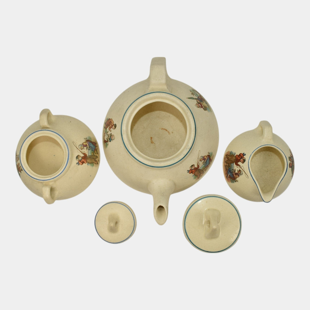 Roseville Dutch Creamware 1900s Art Pottery Teapot, Sugar Bowl, Creamer Tea Set - Just Art Pottery