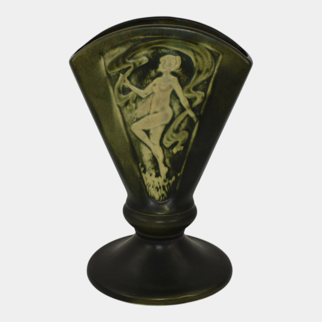 Roseville Rosecraft Panel Nude Green 1926 Art Pottery Tall Ceramic Fan Vase