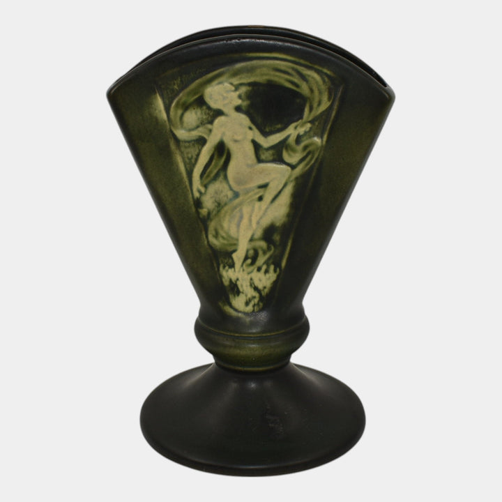 Roseville Rosecraft Panel Nude Green 1926 Art Pottery Tall Ceramic Fan Vase