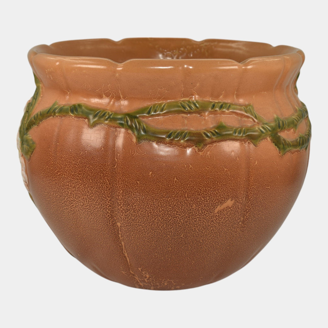Weller Wild Rose Orange 1930s Vintage Art Pottery Ceramic Jardiniere Planter - Just Art Pottery