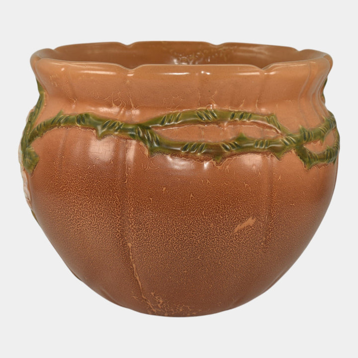 Weller Wild Rose Orange 1930s Vintage Art Pottery Ceramic Jardiniere Planter - Just Art Pottery