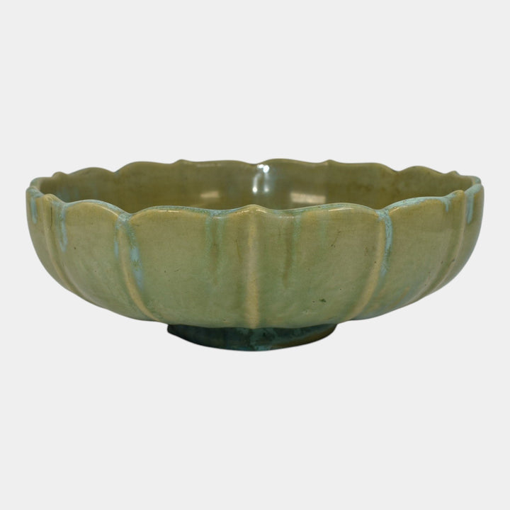 Fulper Arts And Crafts Pottery Crystalline Green Glaze Footed Ceramic Bowl 559