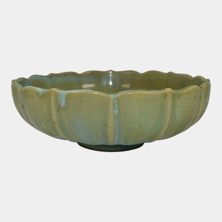 Fulper Arts And Crafts Pottery Crystalline Green Glaze Footed Ceramic Bowl 559