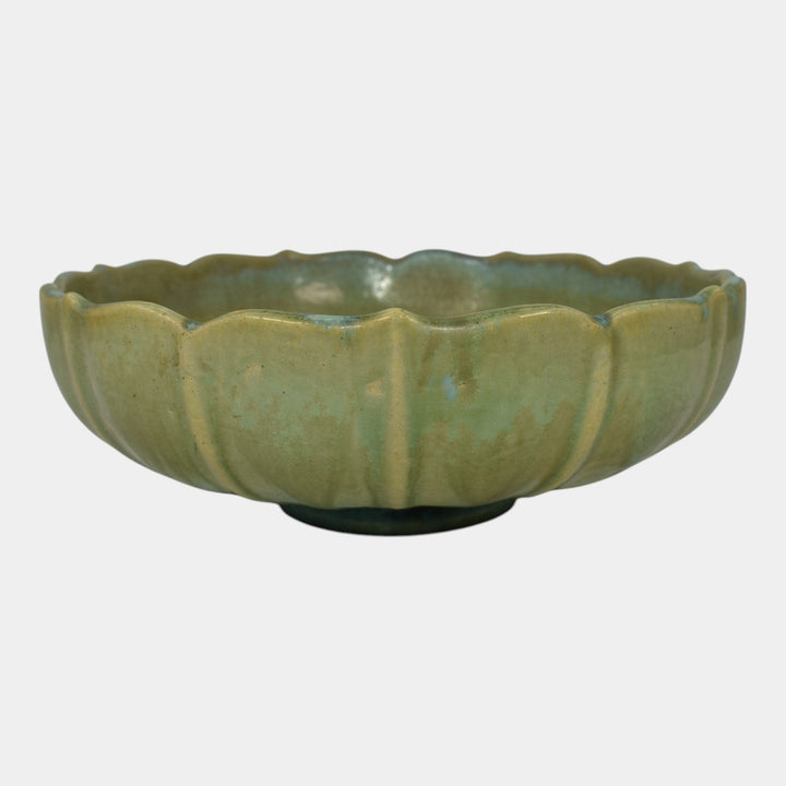 Fulper Arts And Crafts Pottery Crystalline Green Glaze Footed Ceramic Bowl 559
