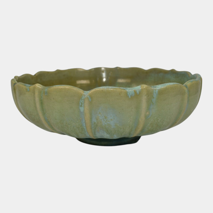 Fulper Arts And Crafts Pottery Crystalline Green Glaze Footed Ceramic Bowl 559