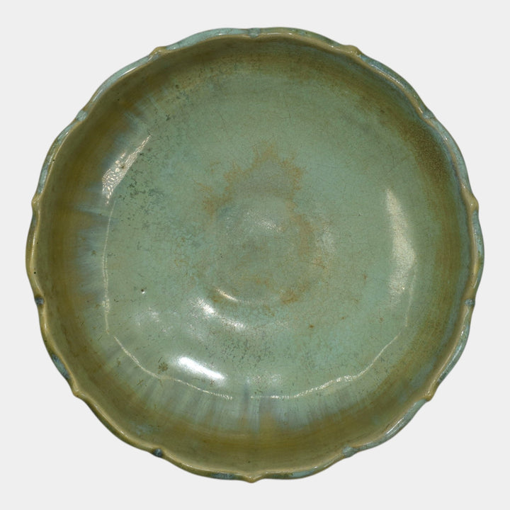 Fulper Arts And Crafts Pottery Crystalline Green Glaze Footed Ceramic Bowl 559