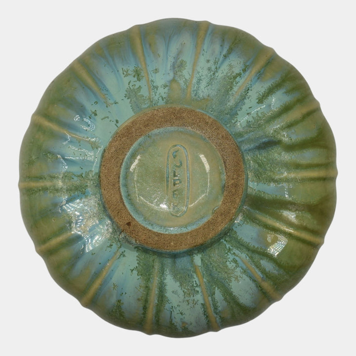 Fulper Arts And Crafts Pottery Crystalline Green Glaze Footed Ceramic Bowl 559