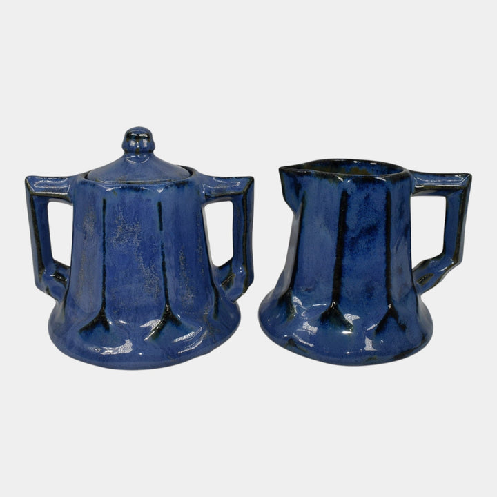 Fulper Arts And Crafts Pottery Blue Glaze Ceramic Creamer And Sugar