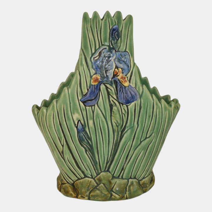 Weller Ardsley 1920s Vintage Art Pottery Green Iris Ceramic Basket