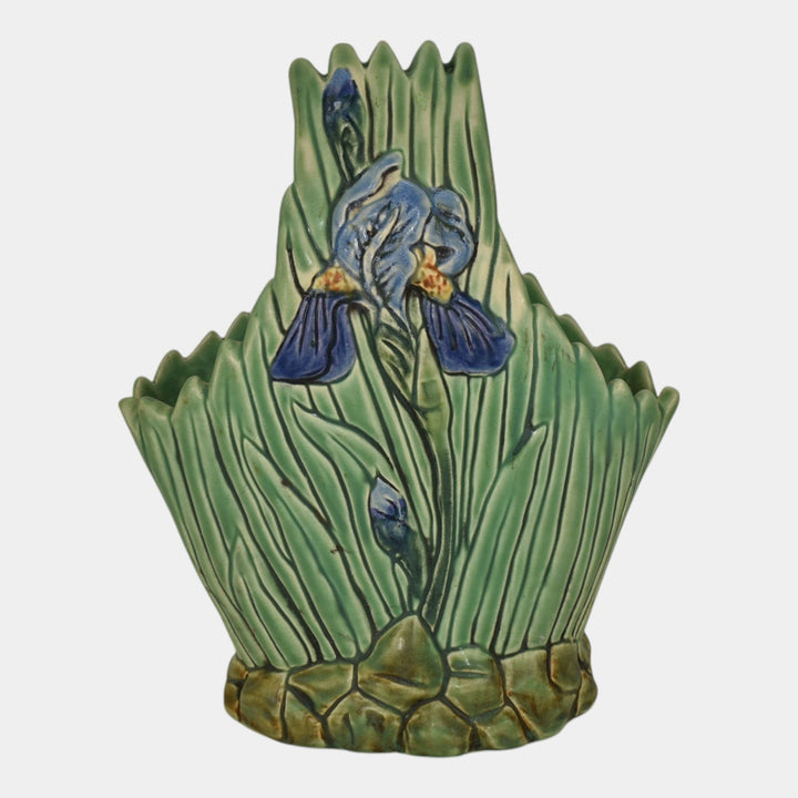 Weller Ardsley 1920s Vintage Art Pottery Green Iris Ceramic Basket