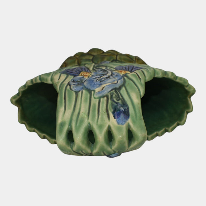 Weller Ardsley 1920s Vintage Art Pottery Green Iris Ceramic Basket