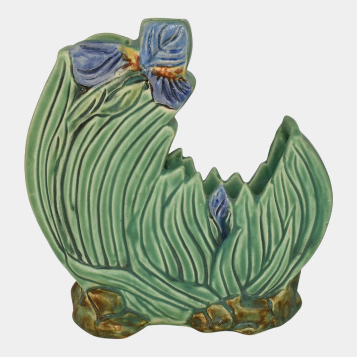 Weller Ardsley 1920s Art Deco Pottery Blue Iris Green Ceramic Pillow Vase