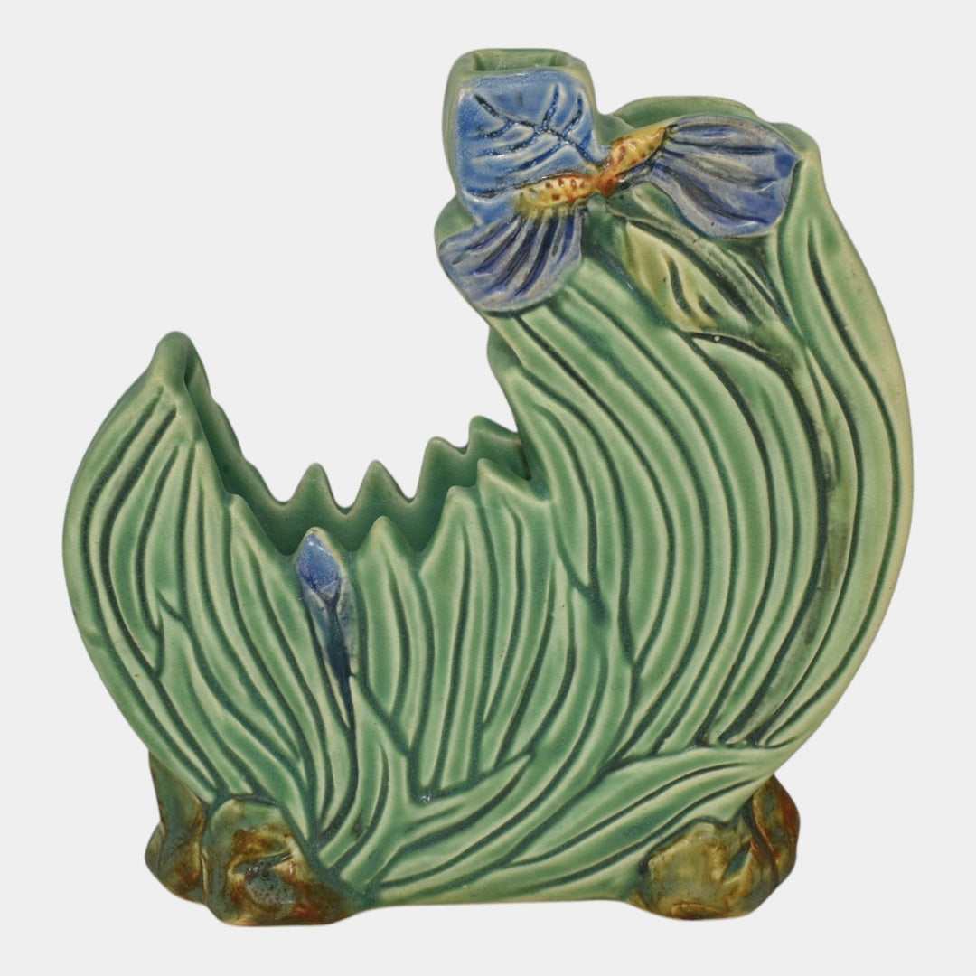 Weller Ardsley 1920s Art Deco Pottery Blue Iris Green Ceramic Pillow Vase