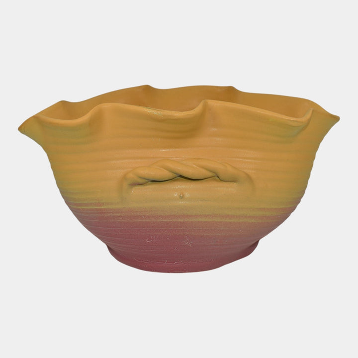 Weller Velvetone 1920s Vintage Hand Made Pottery Yellow Pink Scalloped Rim Bowl