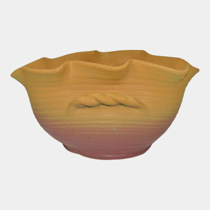 Weller Velvetone 1920s Vintage Hand Made Pottery Yellow Pink Scalloped Rim Bowl