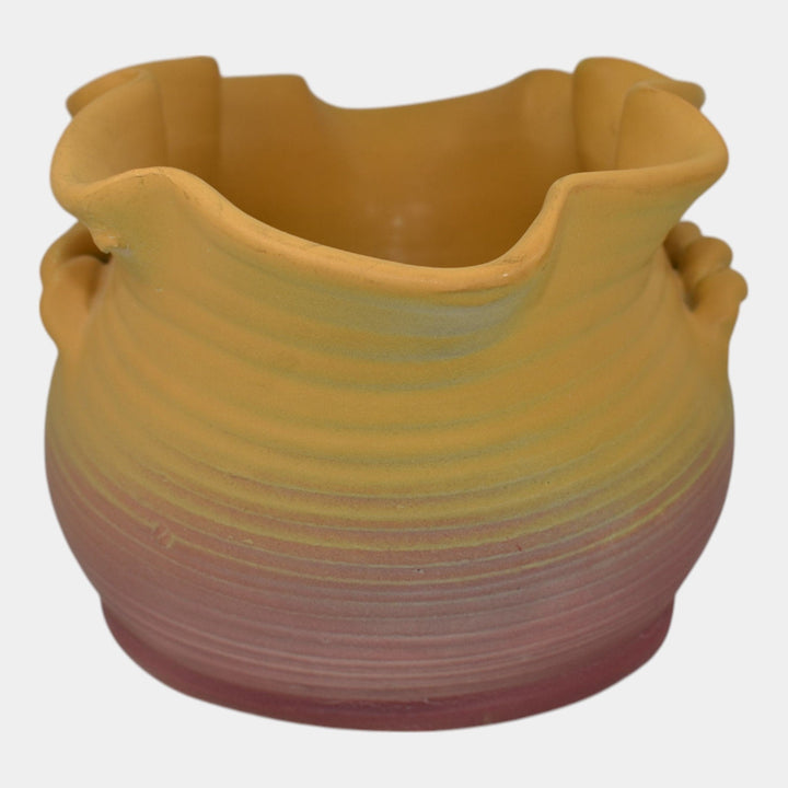 Weller Velvetone 1920s Vintage Hand Made Pottery Yellow Pink Scalloped Rim Bowl