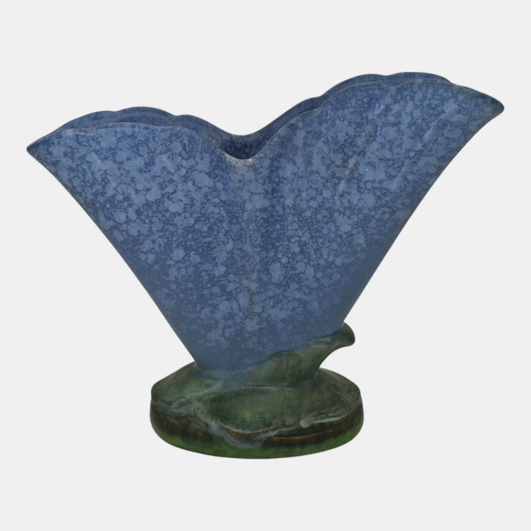 Weller Sydonia 1920s Vintage Art Deco Pottery Mottled Blue Ceramic Fan Vase