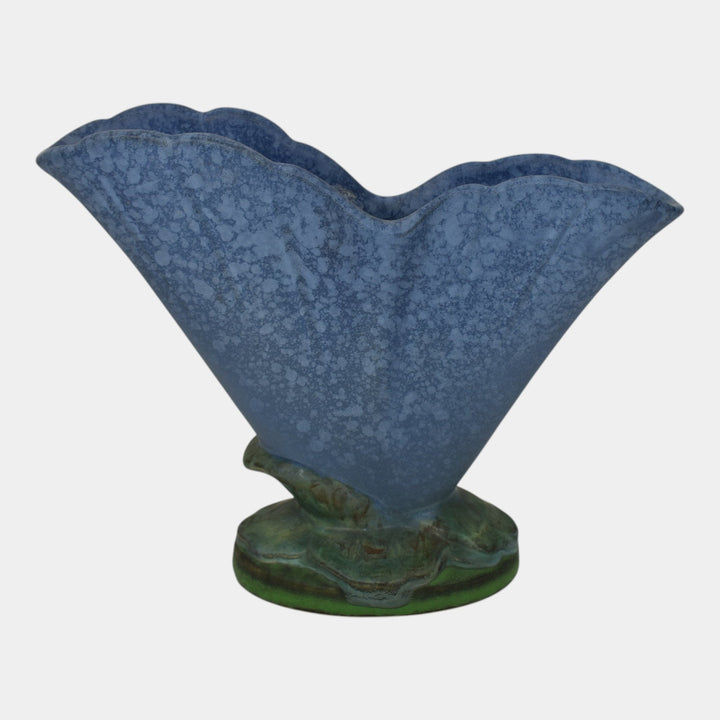 Weller Sydonia 1920s Vintage Art Deco Pottery Mottled Blue Ceramic Fan Vase