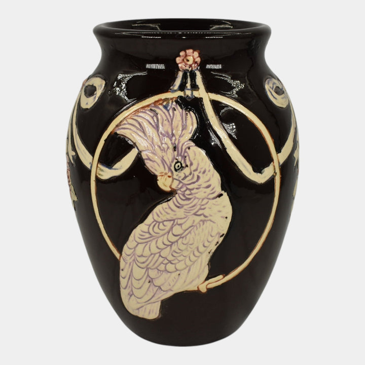 Weller Rosemont 1st Line 1918-20s Art Pottery Cockatoo Parrot Black Vase
