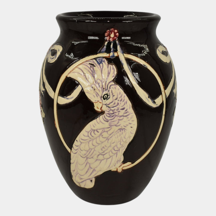 Weller Rosemont 1st Line 1918-20s Art Pottery Cockatoo Parrot Black Vase