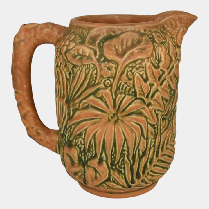 Weller Marvo 1920s Vintage Art Pottery Brown Green Palm Frond Ceramic Pitcher