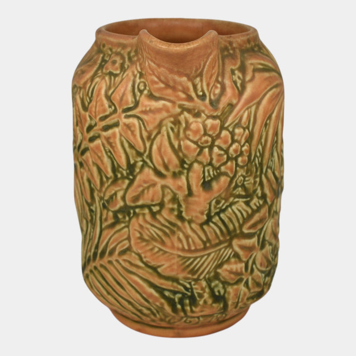 Weller Marvo 1920s Vintage Art Pottery Brown Green Palm Frond Ceramic Pitcher