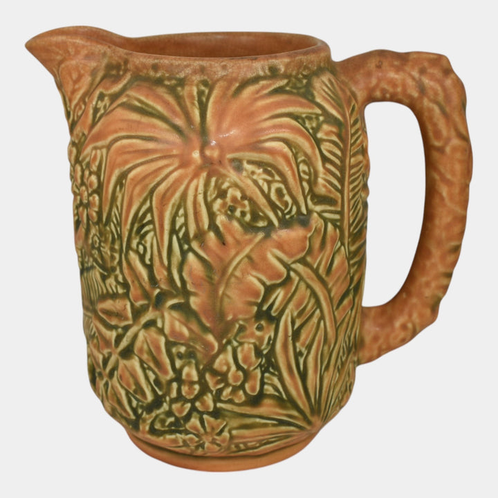 Weller Marvo 1920s Vintage Art Pottery Brown Green Palm Frond Ceramic Pitcher