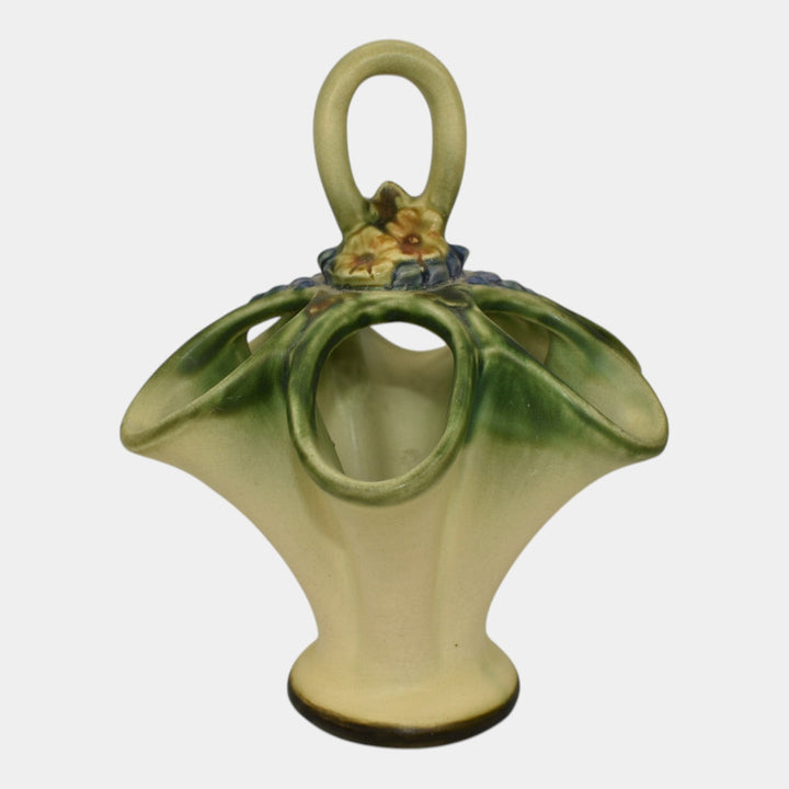 Weller Florenzo Style 1920s Vintage Pottery Green Ceramic Basket Vase