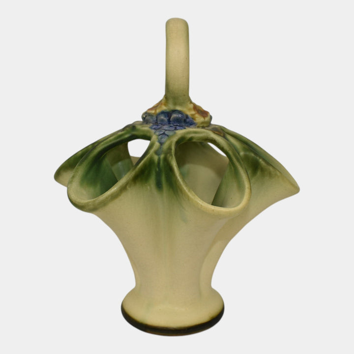 Weller Florenzo Style 1920s Vintage Pottery Green Ceramic Basket Vase