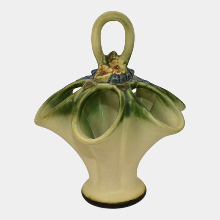Weller Florenzo Style 1920s Vintage Pottery Green Ceramic Basket Vase