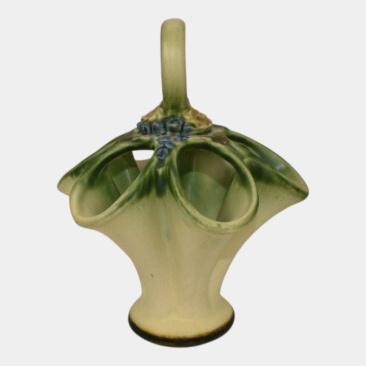 Weller Florenzo Style 1920s Vintage Pottery Green Ceramic Basket Vase