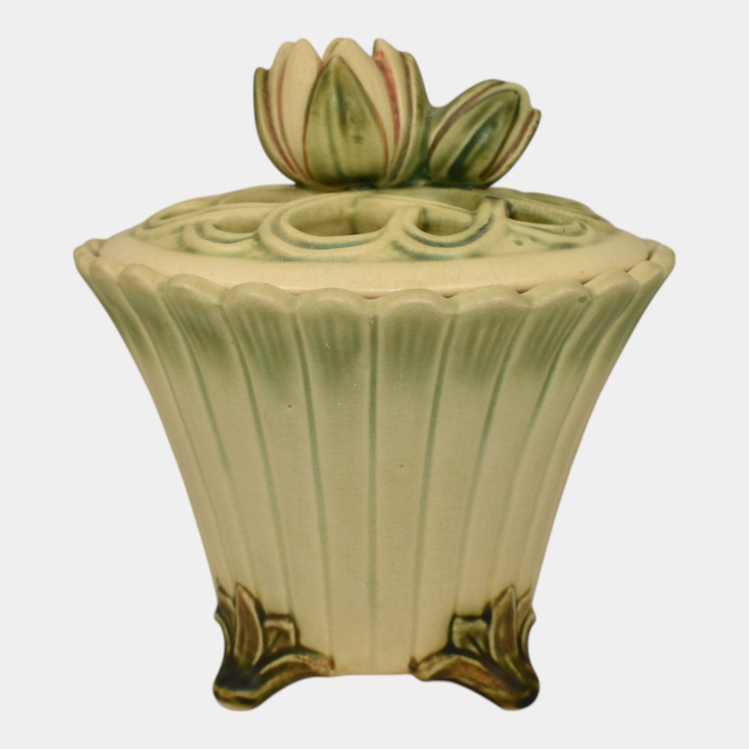 Weller Florenzo 1920s Art Pottery Water Lily Reticulated Flower Frog Covered Jar