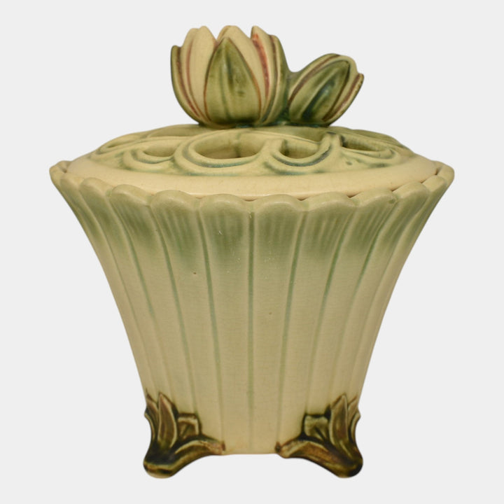 Weller Florenzo 1920s Art Pottery Water Lily Reticulated Flower Frog Covered Jar