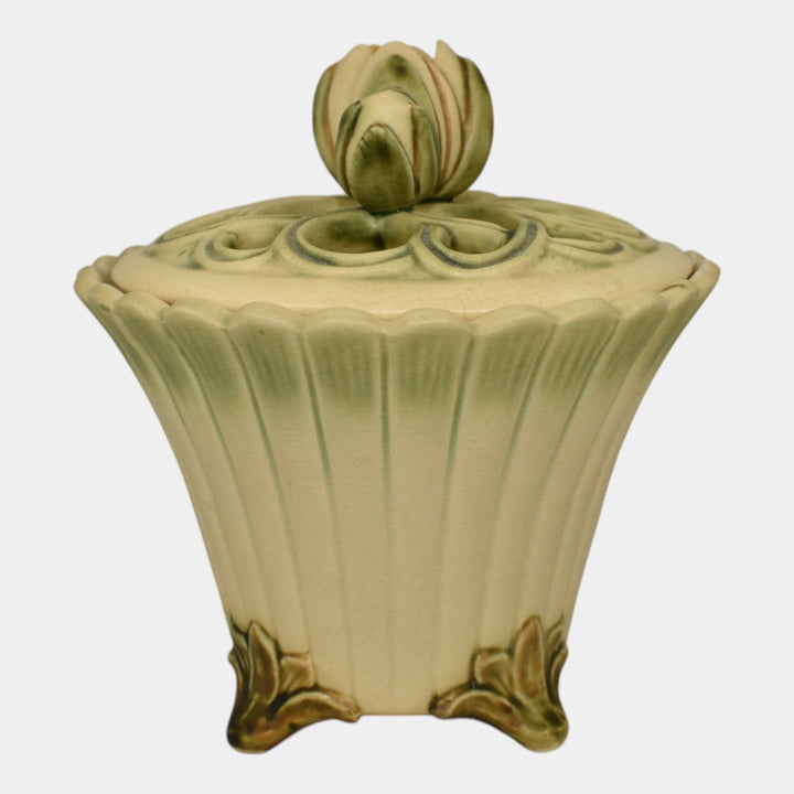 Weller Florenzo 1920s Art Pottery Water Lily Reticulated Flower Frog Covered Jar