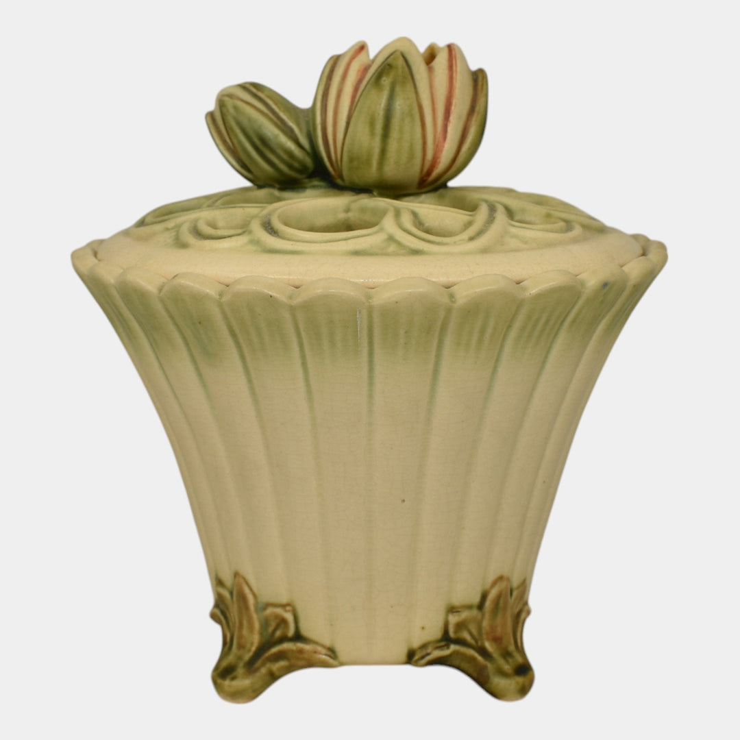 Weller Florenzo 1920s Art Pottery Water Lily Reticulated Flower Frog Covered Jar