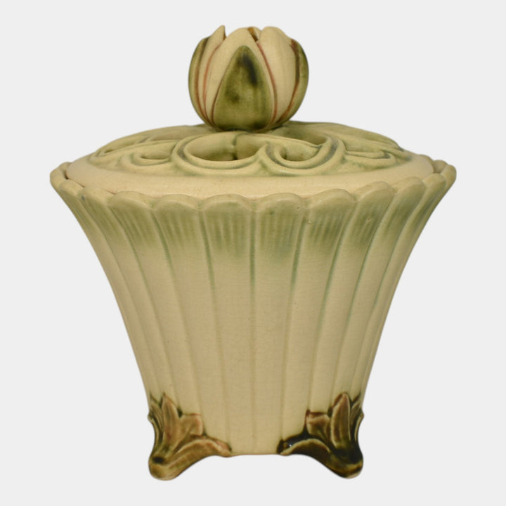 Weller Florenzo 1920s Art Pottery Water Lily Reticulated Flower Frog Covered Jar