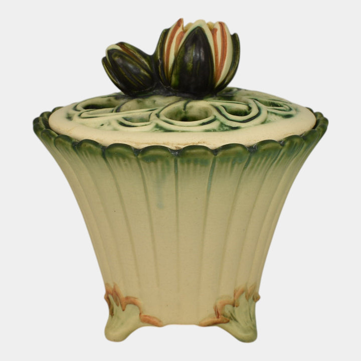 Weller Florenzo 1920s Art Pottery Water Lily Reticulated Flower Frog Covered Jar