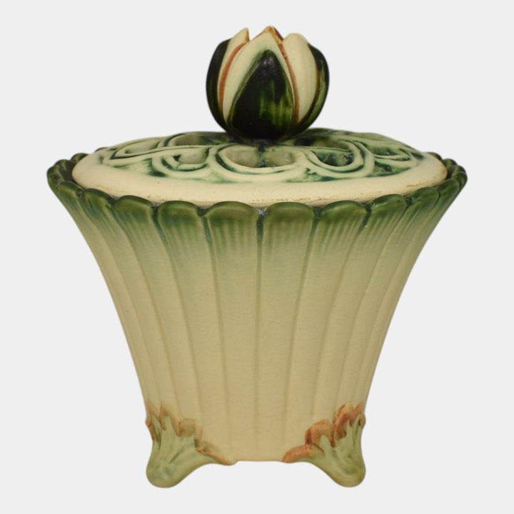 Weller Florenzo 1920s Art Pottery Water Lily Reticulated Flower Frog Covered Jar