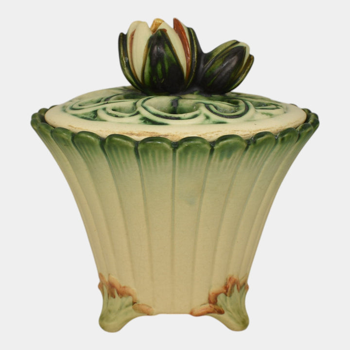 Weller Florenzo 1920s Art Pottery Water Lily Reticulated Flower Frog Covered Jar