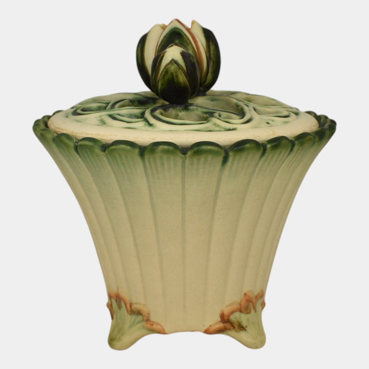 Weller Florenzo 1920s Art Pottery Water Lily Reticulated Flower Frog Covered Jar