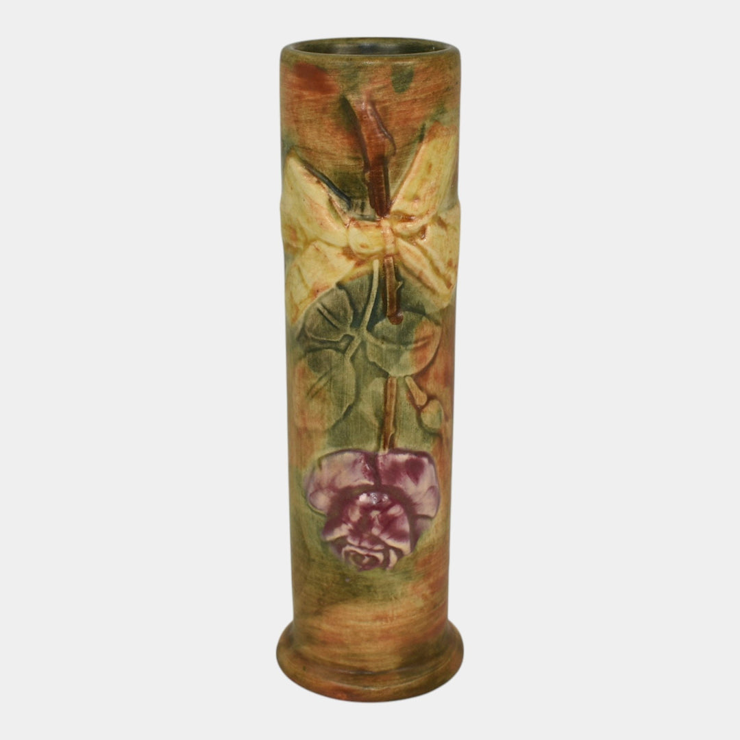 Weller Flemish 1920s Vintage Art Pottery Red Rose Yellow Bow Ceramic Bud Vase