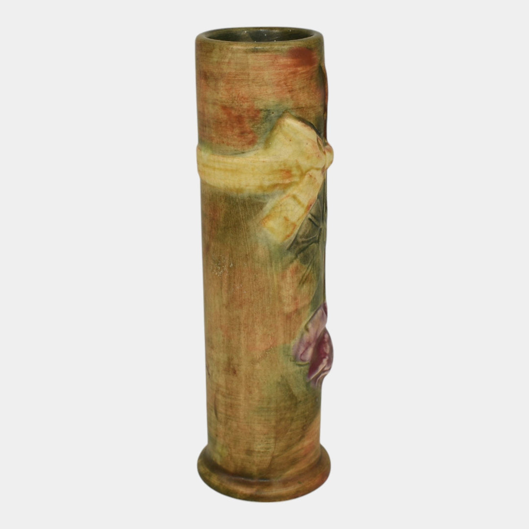 Weller Flemish 1920s Vintage Art Pottery Red Rose Yellow Bow Ceramic Bud Vase