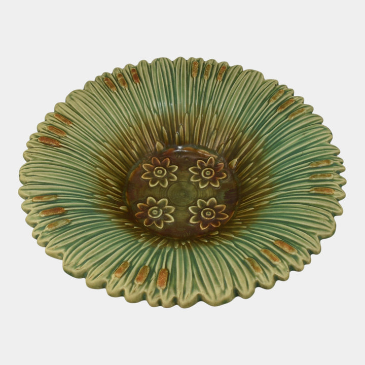 Weller Ardsley 1920s Vintage Art Pottery Cattails Green Ceramic Console Bowl