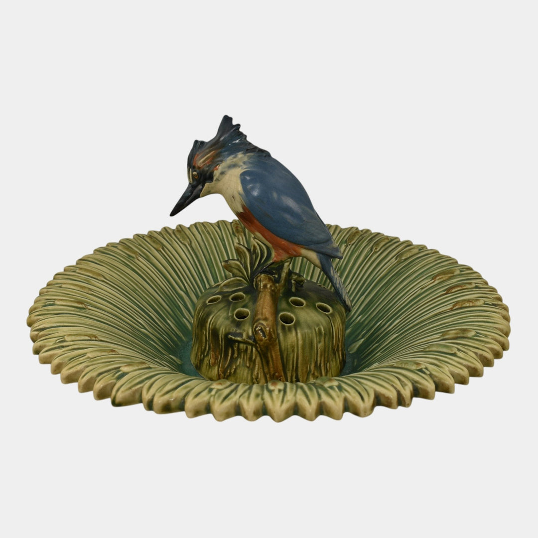 Weller Ardsley 1920s Cattails Green Console Bowl And Kingfisher Flower Frog - Just Art Pottery