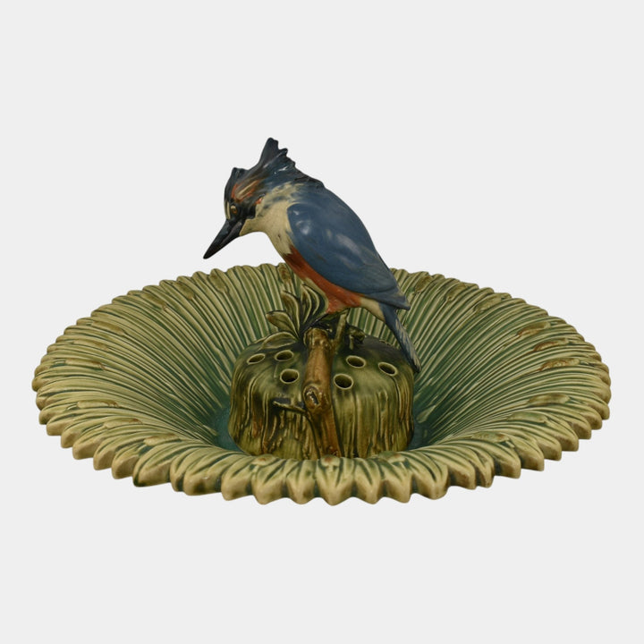 Weller Ardsley 1920s Cattails Green Console Bowl And Kingfisher Flower Frog - Just Art Pottery