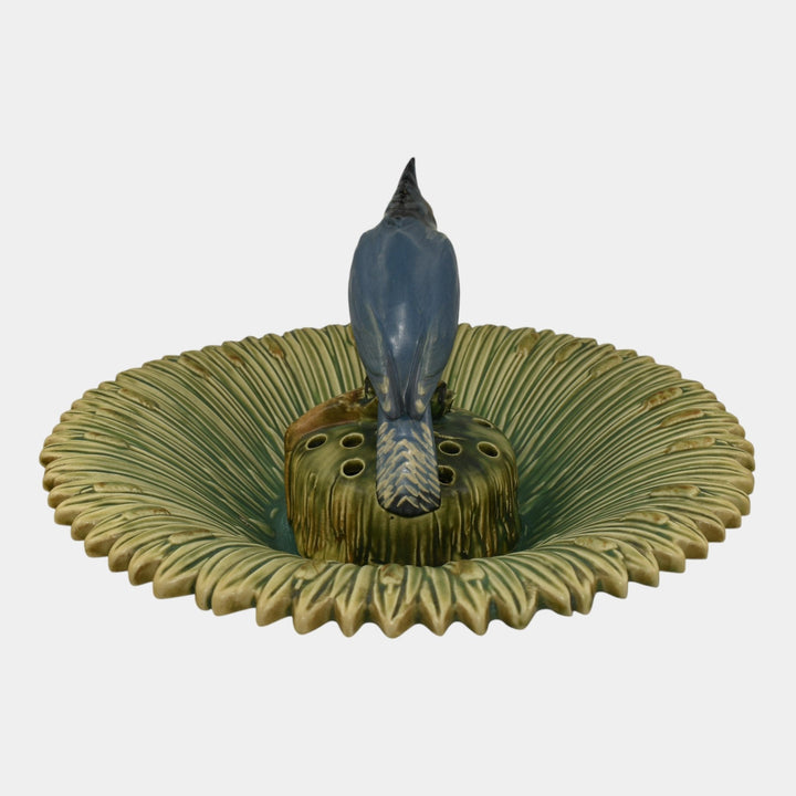 Weller Ardsley 1920s Cattails Green Console Bowl And Kingfisher Flower Frog - Just Art Pottery