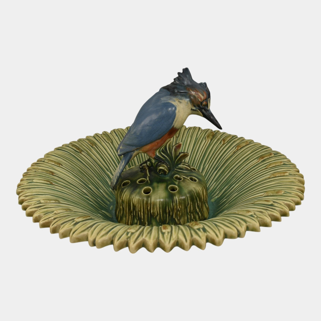 Weller Ardsley 1920s Cattails Green Console Bowl And Kingfisher Flower Frog - Just Art Pottery